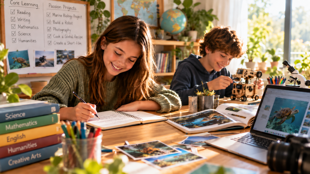 Homeschooled children balancing core learning with passion projects in a creative study environment